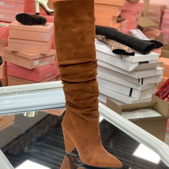 Women’s Cone Heel Knee High Slouchy Boot with Pointed Toe in Camel Faux Suede - Picture 6 of 14